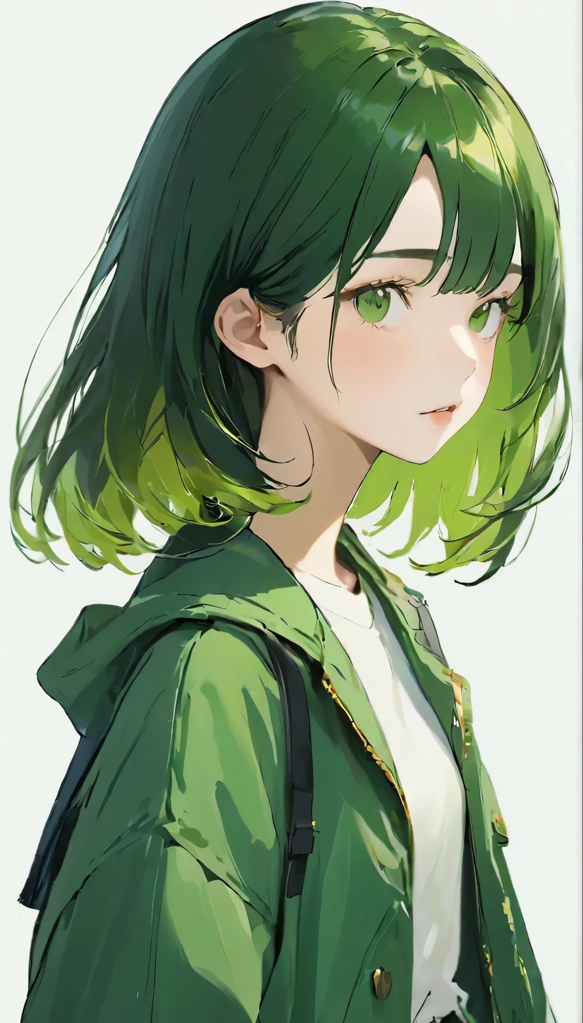masterpiece、White Background、18-year-old female、Black and green hair girl、Casual attire such as a black or green jacket、Black-haired、Waist-length hair、Character setting diagram、The tips of the hair are golden、