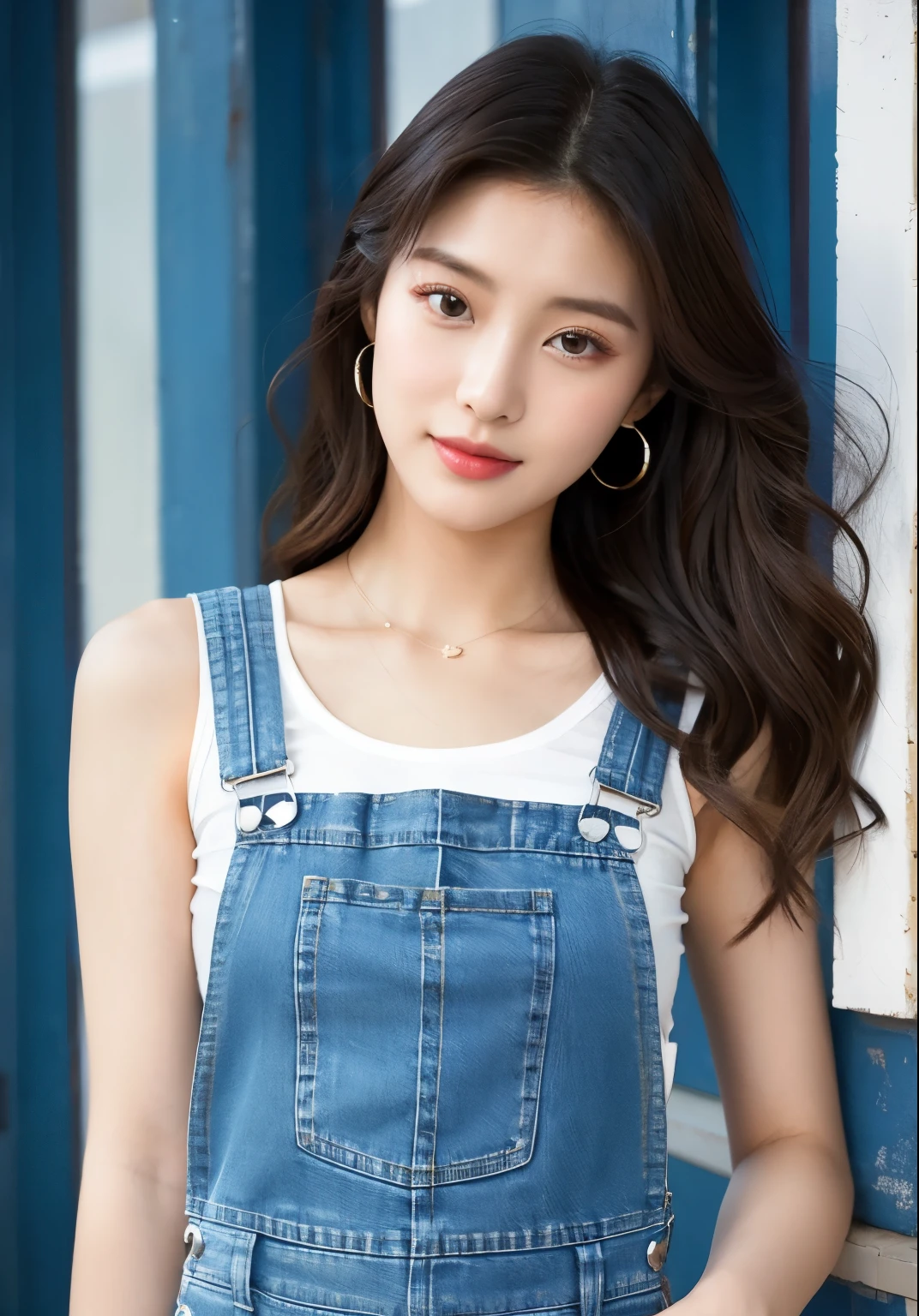 Realistic photos of 1 cute Korean actress, hair pulled back., White skin, thin makeup, Bust size 32 inches, Wearing sleeveless denim, at the corner's street, upper body portrait, Fujifilm, UHD