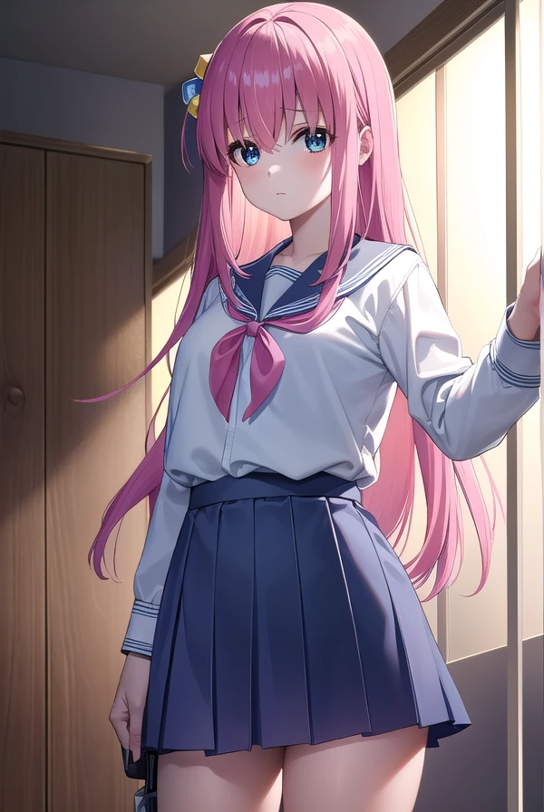 hitorigotou, Hitori Gotou, blue eyes, cube hair ornaments, Hair between the eyes, hair ornaments, Pink Hair, One side up, Long Hair,
Sailor suit、mini skirt、
break indoors, classroom,
break looking at viewer, (Cowboy Shot:1.5),
break (masterpiece:1.2), highest quality, High resolution, unity 8k wallpaper, (figure:0.8), (Beautiful fine details:1.6), Highly detailed face, Perfect lighting, Highly detailed CG, (Perfect hands, Perfect Anatomy),