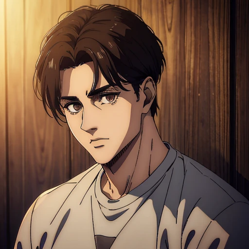 (best quality,4k,8k,highres,masterpiece:1.2),ultra-detailed,(realistic,photorealistic,photo-realistic:1.37), young male , mappa art style, heart-shaped face, detailed brown eyes highlight light reflecting in his eyes , and dark brown medium french crop cut hair, he has sharp jawline , behind him a cabin , he is wearing a gray full sleeve tshirt , he is more handsome