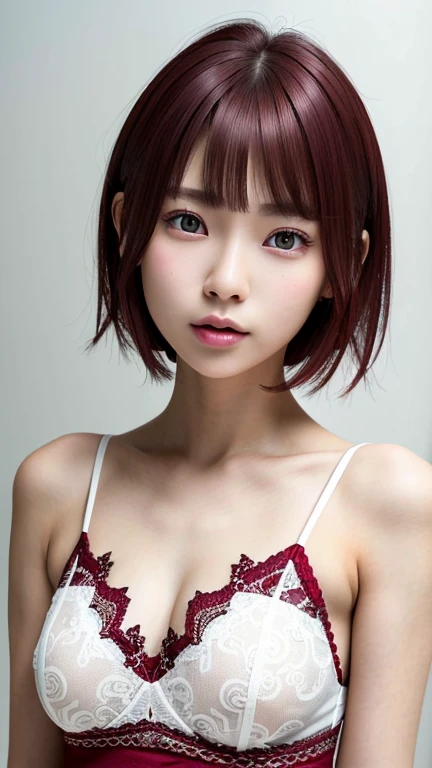 beautiful detailed lips, extremely cute detailed eyes and face, 1 girl, (beautiful ultra young japanese girl:2.0), slender, (slim fit lace camisole:1.75), (beautiful small breasts:1.75),(short dark red hair:2.0),break,(Thin eyebrows:1.2), ((Orgzum:2.0)), (ecstasy:1.25),((shame:2.0)), (big smile:1.25),(Incredibly white and beautiful skin,adult beauty:2.0),professional lighting, bright lighting, photorealistic, 8k, high resolution, best quality, masterpiece, ultra-detailed, vivid colors