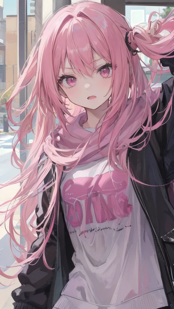 A girl, portrait, casual clothes, pink hair, pink eyes, open mouth, serious
