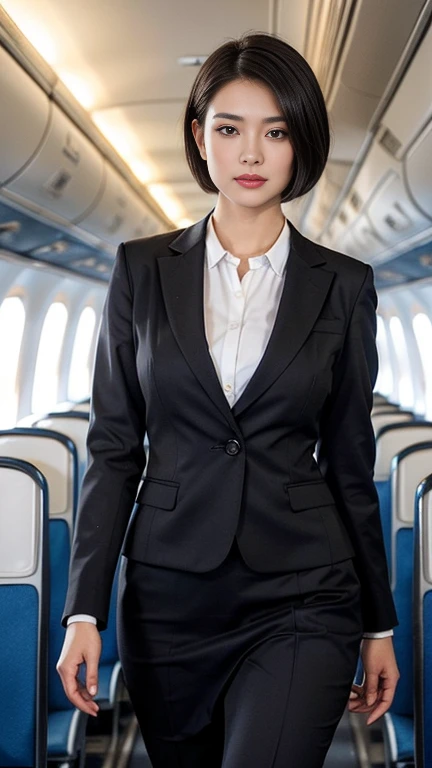 1beautiful womanl, 28years、hyperdetailed face、Detailed lips、A detailed eye、double eyelid、(Black bob shortcut hair , while walking gracefully down the aisle)、(Stewardess uniform:1.2)、(Glamorous body)、(Colossal tits)、thighs thighs thighs thighs, Perfect fit, Perfect image realism, Background with: (Business Class aisle on airplanes:1.2), Cowboy Shot, Meticulous background, detailed costume, Perfect litthing、Hyper-Realism、(Photorealsitic:1.4)、8K maximum resolution, (masterpiece), ighly detailed, Professional