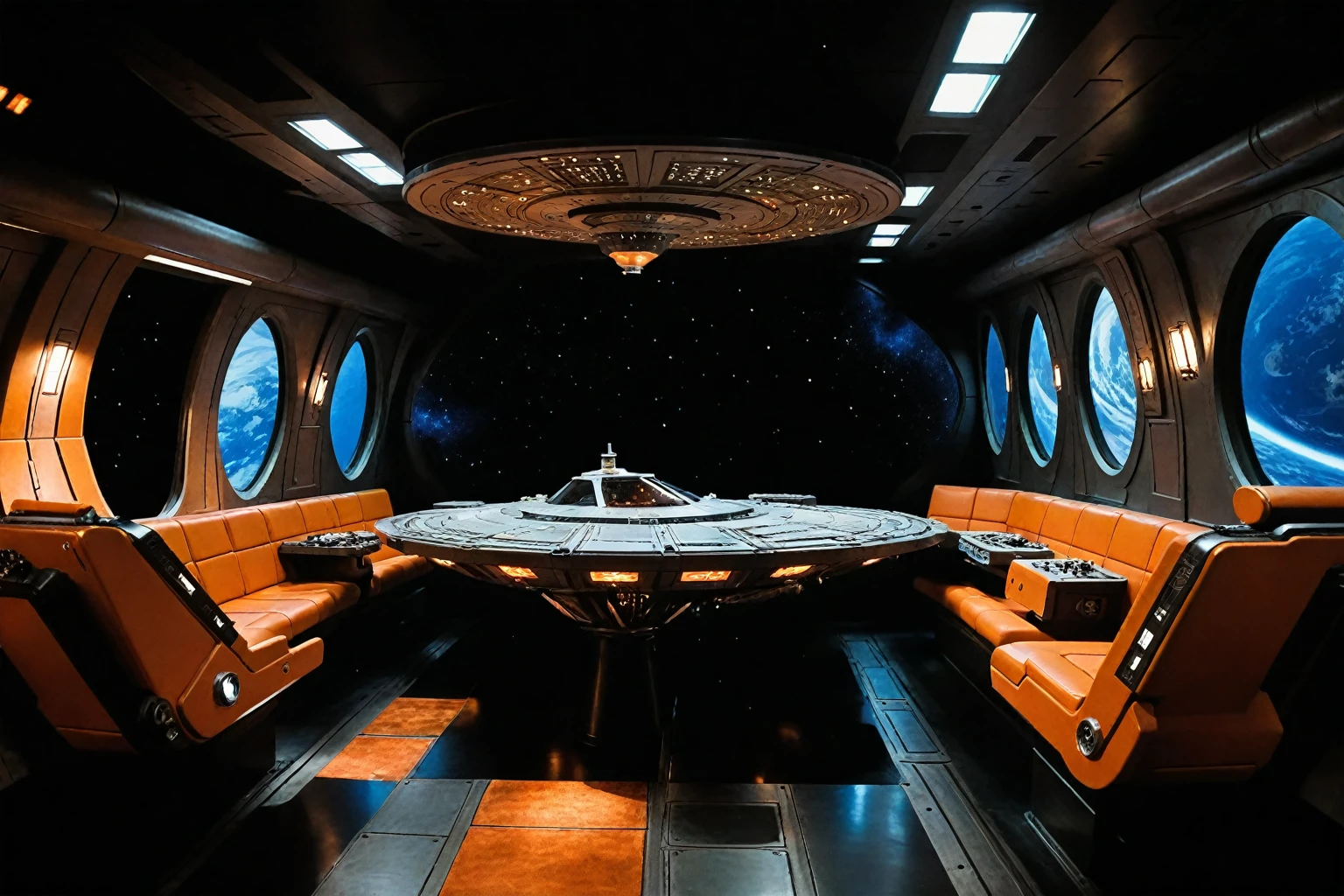 Cosmic Odyssey: Lexx's Crew. A spaceship's interior, dimly lit with a warm orange hue, reflects the diverse personalities of its crew. Captain Zev's rugged determination is juxtaposed against the flamboyant flair of Xehran's artistic nature. In the background, a sprawling cityscape on the planet of 6145: Kai Winn stretches beyond the windows, while the eerie sounds of the ship's engines hum in harmony with the cosmic silence outside.