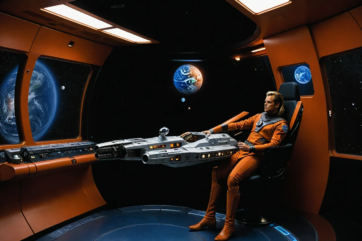 Cosmic Odyssey: Lexx's Crew. A spaceship's interior, dimly lit with a warm orange hue, reflects the diverse personalities of its crew. Captain Zev's rugged determination is juxtaposed against the flamboyant flair of Xehran's artistic nature. In the background, a sprawling cityscape on the planet of 6145: Kai Winn stretches beyond the windows, while the eerie sounds of the ship's engines hum in harmony with the cosmic silence outside.