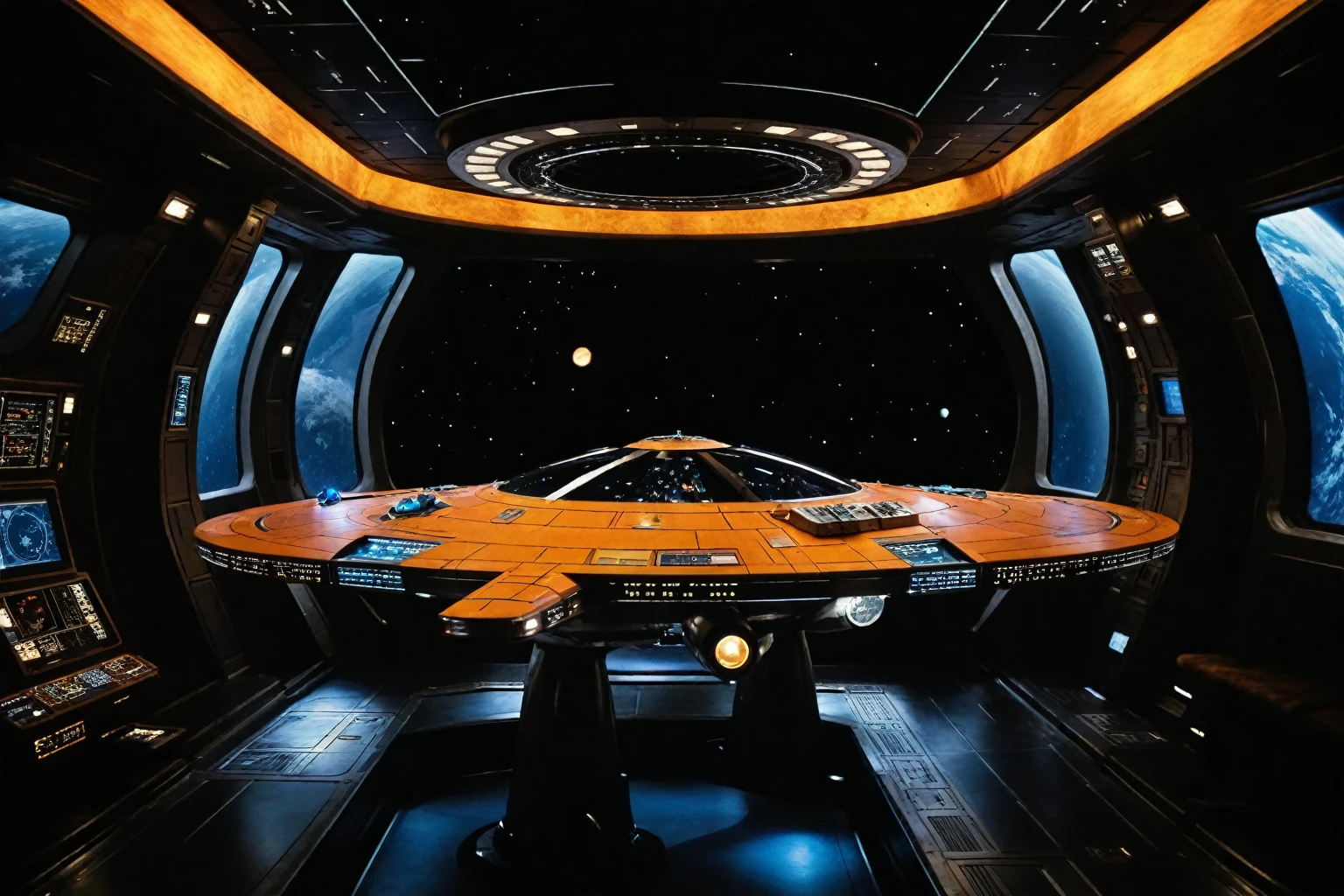 Cosmic Odyssey: Lexx's Crew. A spaceship's interior, dimly lit with a warm orange hue, reflects the diverse personalities of its crew. Captain Zev's rugged determination is juxtaposed against the flamboyant flair of Xehran's artistic nature. In the background, a sprawling cityscape on the planet of 6145: Kai Winn stretches beyond the windows, while the eerie sounds of the ship's engines hum in harmony with the cosmic silence outside.