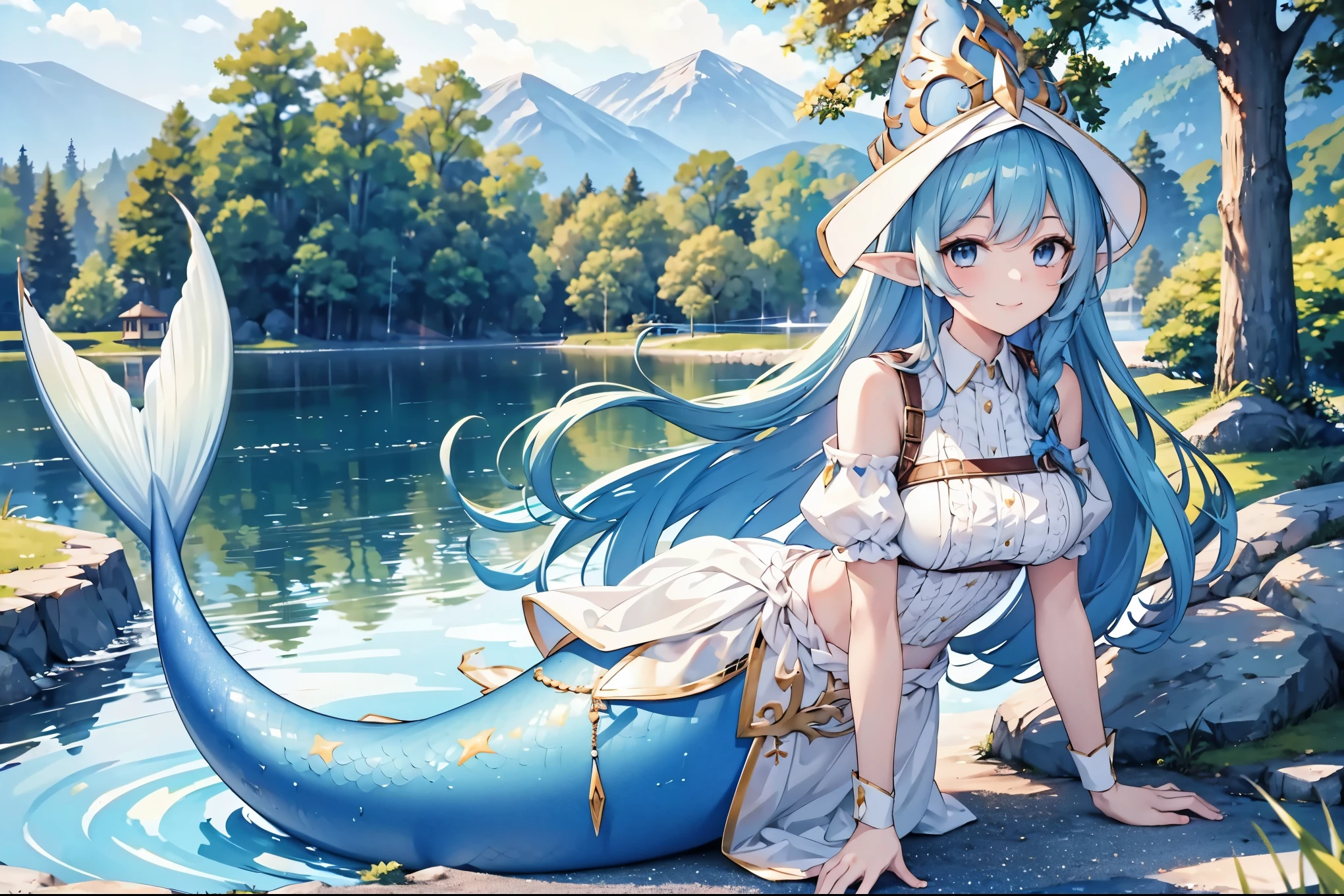 masterpiece, best quality,A girl,enchantress, blue hair, blue eyes, elf ears, wizard hat, white dress,solo,Large Breasts,Mermaid,蓝色的Mermaid尾巴,full-body shot,charming face(Kawaii, charming,Soft),lying in a pond,forest,Looking at the audience,Smile