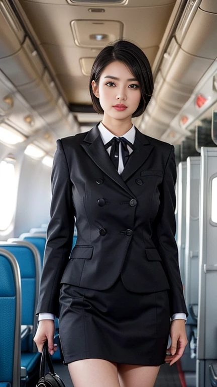 1beautiful womanl, 28years、hyperdetailed face、Detailed lips、A detailed eye、double eyelid、(Black bob shortcut hair while walking gracefully down the aisle)、(Stewardess uniform:1.2)、(Glamorous body)、(Colossal tits)、thighs thighs thighs thighs, Perfect fit, Perfect image realism, Background with: (Business Class aisle on airplanes:1.2), Cowboy Shot, Meticulous background, detailed costume, Perfect litthing、Hyper-Realism、(Photorealsitic:1.4)、8K maximum resolution, (masterpiece), ighly detailed, Professional
