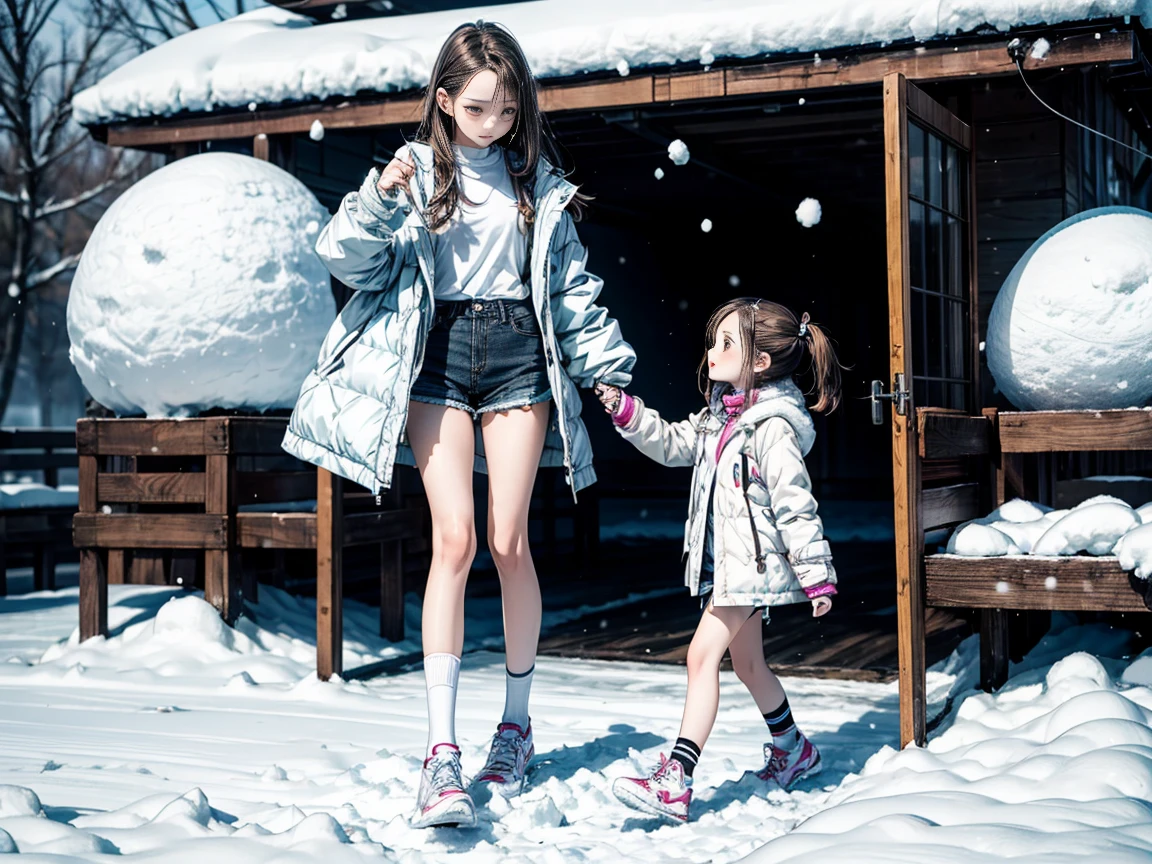A 15-year-old girl picks up a 7-year-old girl in white knee socks，fair，Long brown hair，Very thin，small thin legs，Snow，White coat，shorts，Bare legs，The legs are very thin，energetic，whole body，White socks