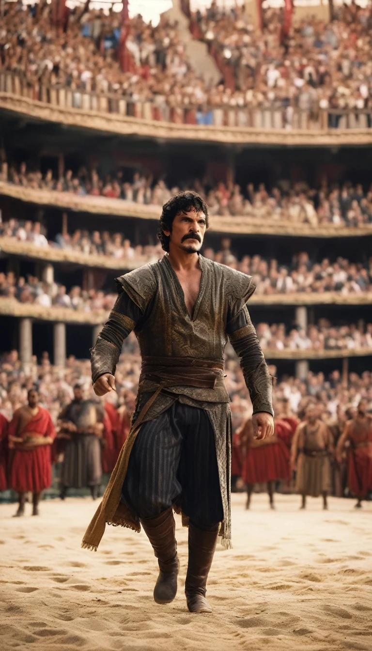 Full body, A photo of Oberyn at a lively bullfighting arena, surrounded by cheering spectators and the powerful presence of the bull,Game of Thrones TV series,Oberyn is a tall man with black hair and a beard, famously portrayed by Pedro Pascal, detailed face, detailed face expressions, natural face expressions, face in detail, asymmetrical faced, fair and smooth skin, detailed hands, detailed fingers, masterpiece, cinematic lighting, physically based rendering, lens flare, award winning rendering, perfect rendering detail, 8K, realism, detailed background, everything in detail, cinematic shot, dynamic lighting, 75mm, Technicolor, Panavision, cinemascope, fine details, 8k, HDR, realism, realistic, key visual, film still, superb cinematic color grading, depth of field,