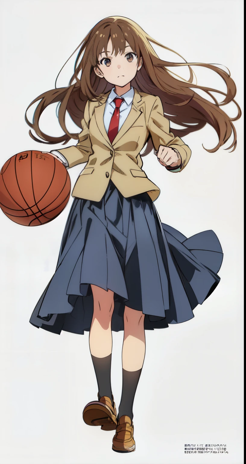 (playing basketball:1.25), (running:1.5), (wind:1.25), (white background:1.0), (best quality:1.0), (masterpiece:1.0), (super fine illustration:1.0), (beautiful artwork:1.0), (anime screencap:1.0), (official art:1.0), (full body:1.0), (solo:1.0), (HSGα:1.0), (a 18yo cute girl:1.0), (long skirt:1.25), (dark blue skirt:1.0), (pleated skirt:1.0), (school uniform beige blazer:1.0), (red necktie:1.0), (loafers:1.0), (black socks:1.0), (ideal ratio body proportions:1.2), (lanky:1.2), (tall:1.2), (slender:1.2), (small breasts:1.2), (smaller face:1.2), (tareme:1.0), (detailed beautiful eyes:1.0), (detailed beautiful face:1.0), (glowing black eyes:1.0), (long hair:1.0), (brown hair:1.0), (looking at viewer:1.0)