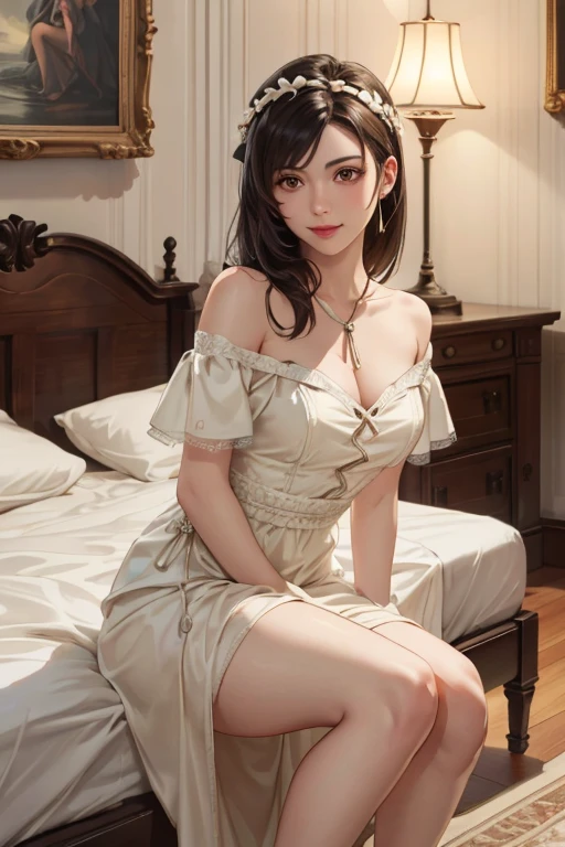 masterpiece, highest quality,20s 1 Female,Greek Goddess Attitude, Melon seed face, ((Narrow eyes))、Brown eyeball, Thin lips, Blonde Hair, semi-long、smile、White silk lace dress、Off the shoulder、Focus on the arms、Focus on the hands、Focus on your fingers、Smooth Skin、Serene atmosphere、indoor、Luxury rooms in luxury hotels、Chair、There is a bed、Above the knee shot、 Looking into the camera、( Professional Lighting、highest quality、High resolution, 8k, masterpiece),
