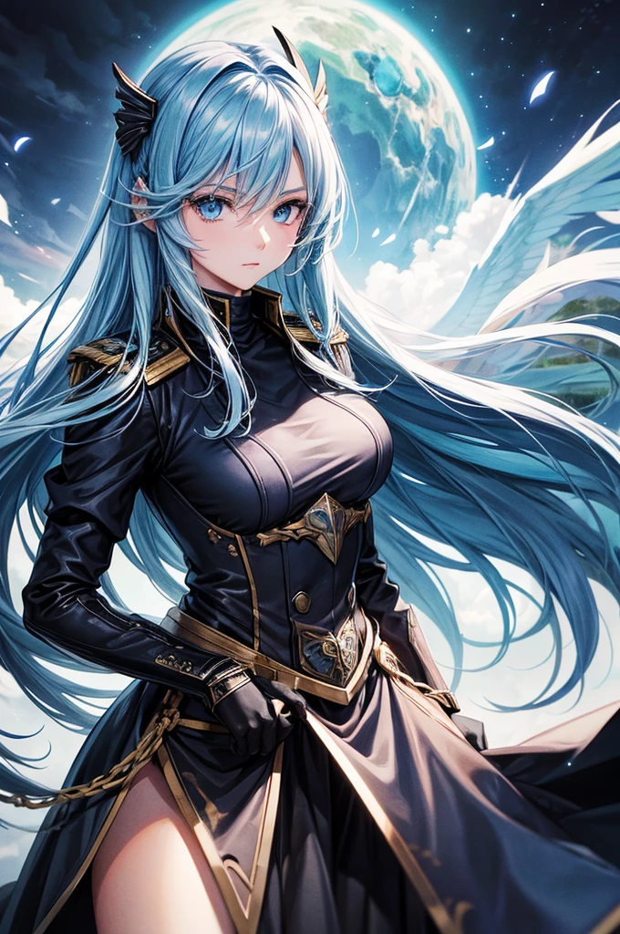 ((best quality)), ((Artwork)), (detailed), perfect face, Chtholly had long sky blue hair and blue eyes. In battle, she wears a black/navy blue Guardian Wings military uniform, as well like a steel armor.