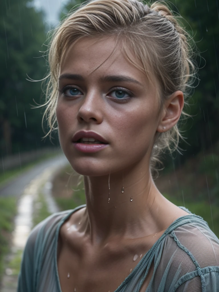 Masterpiece, a half body shot of a beautiful european Danish girl crying in a countryside road, rainy, trees around the road, walking, wet shirt, soaked clothes, wet hair, short pixie hair, light blond hair, blue eyes, runners skinny body, pale skin, ((small perky breasts, exposed breatsts)), 16K, ultra high resolution photorealistic, UHD, RAW, DSLR, sharp focus, natural lighting