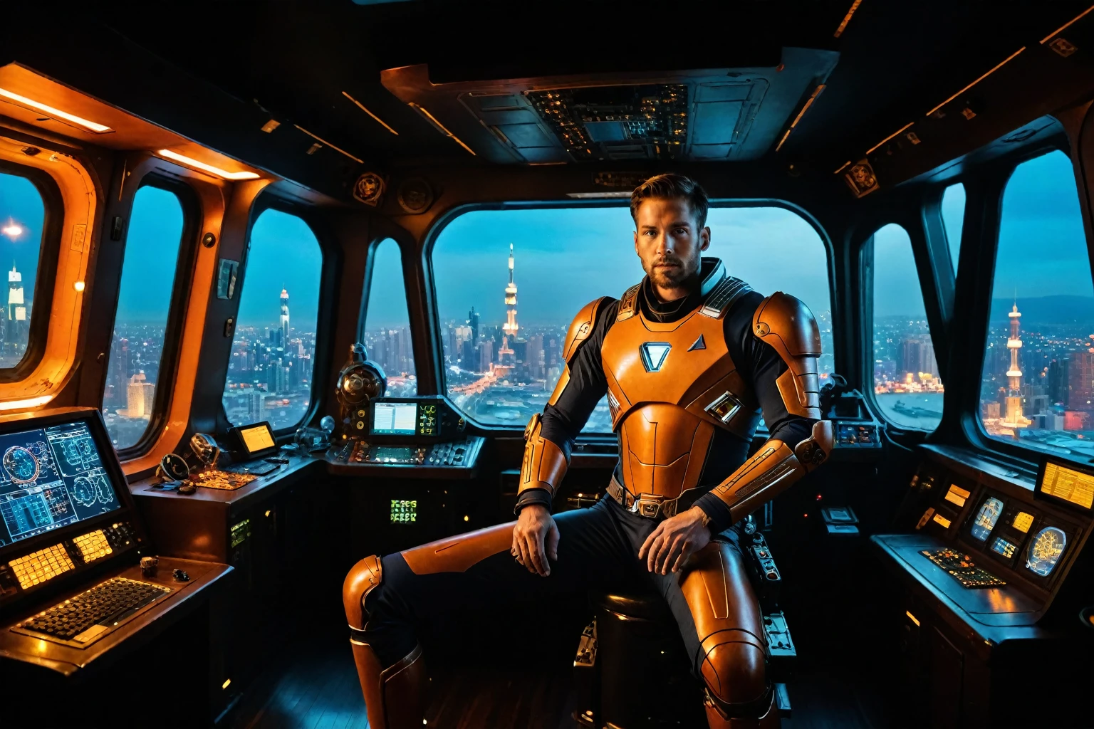 Dimly lit spaceship interior bathed in warm orange hue, Captain Zev's rugged determination radiating from his focused gaze, juxtaposed against Xehran's flamboyant flair, artistic nature shining through vibrant colors and eclectic decorations. In the background, sprawling cityscape of 6145: Kai Winn stretches beyond windows, with eerie hum of ship's engines harmonizing with cosmic silence outside.
