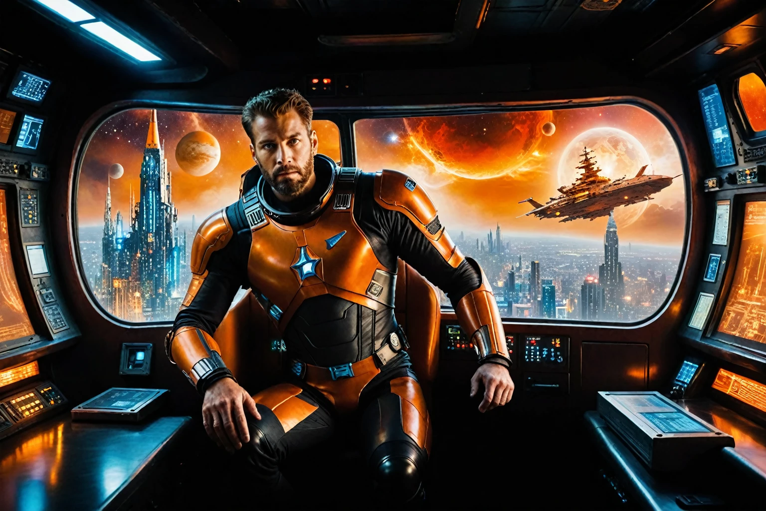 Dimly lit spaceship interior bathed in warm orange hue, Captain Zev's rugged determination radiating from his focused gaze, juxtaposed against Xehran's flamboyant flair, artistic nature shining through vibrant colors and eclectic decorations. In the background, sprawling cityscape of 6145: Kai Winn stretches beyond windows, with eerie hum of ship's engines harmonizing with cosmic silence outside.