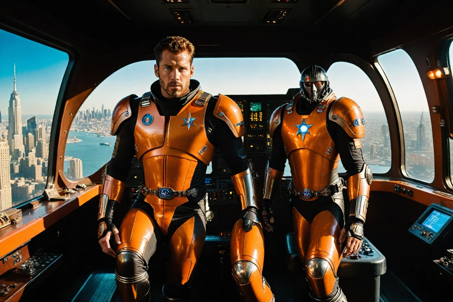 Dimly lit spaceship interior bathed in warm orange hue, Captain Zev's rugged determination radiating from his focused gaze, juxtaposed against Xehran's flamboyant flair, artistic nature shining through vibrant colors and eclectic decorations. In the background, sprawling cityscape of 6145: Kai Winn stretches beyond windows, with eerie hum of ship's engines harmonizing with cosmic silence outside.