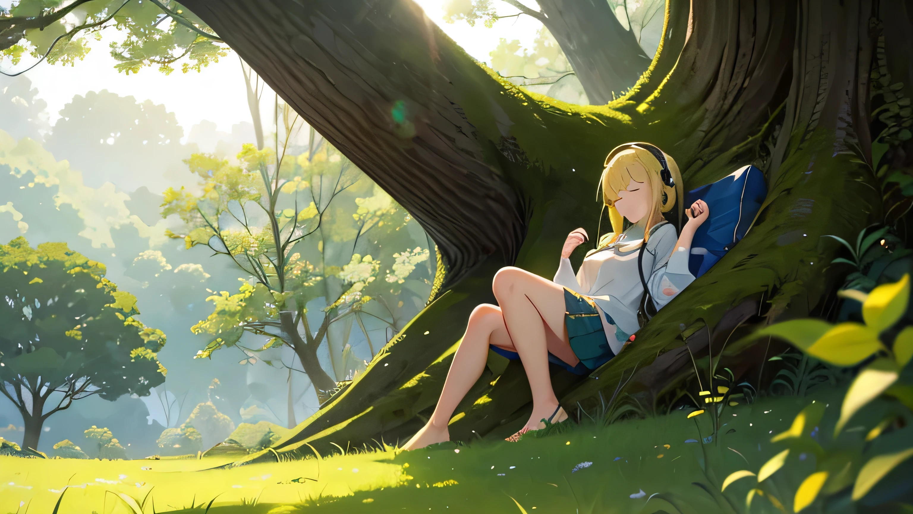Blonde girl sleeping in the forest listening to music with headphones　On the grass　There is a big tree nearby　Japanese anime style
