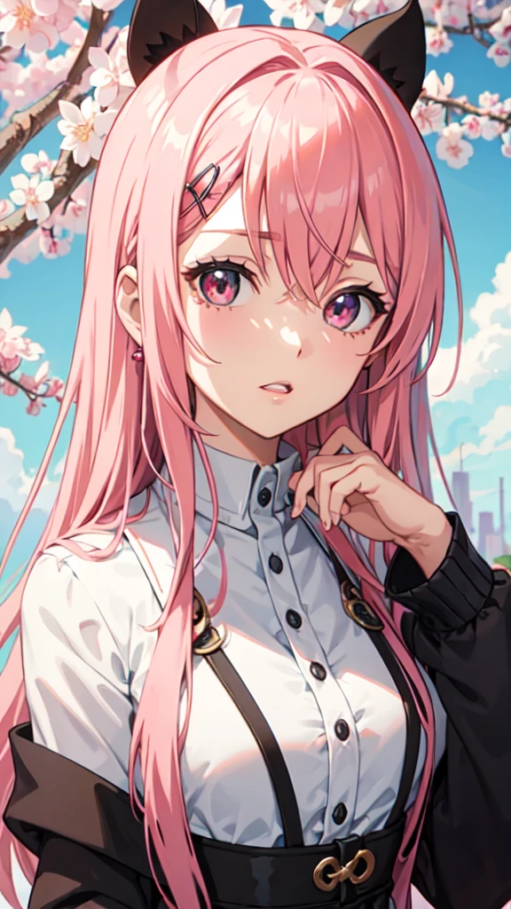 ((anime)), ((Mejor calidad)), ((obra maestra)), (detallado), cara perfecta, ojos color rojos oscuro, red, pelo largo, pelo rosa, pink, pelo liso, dos coletas delanteras, sin accesorios en la cabeza, vtuber, aesthetic, sakura