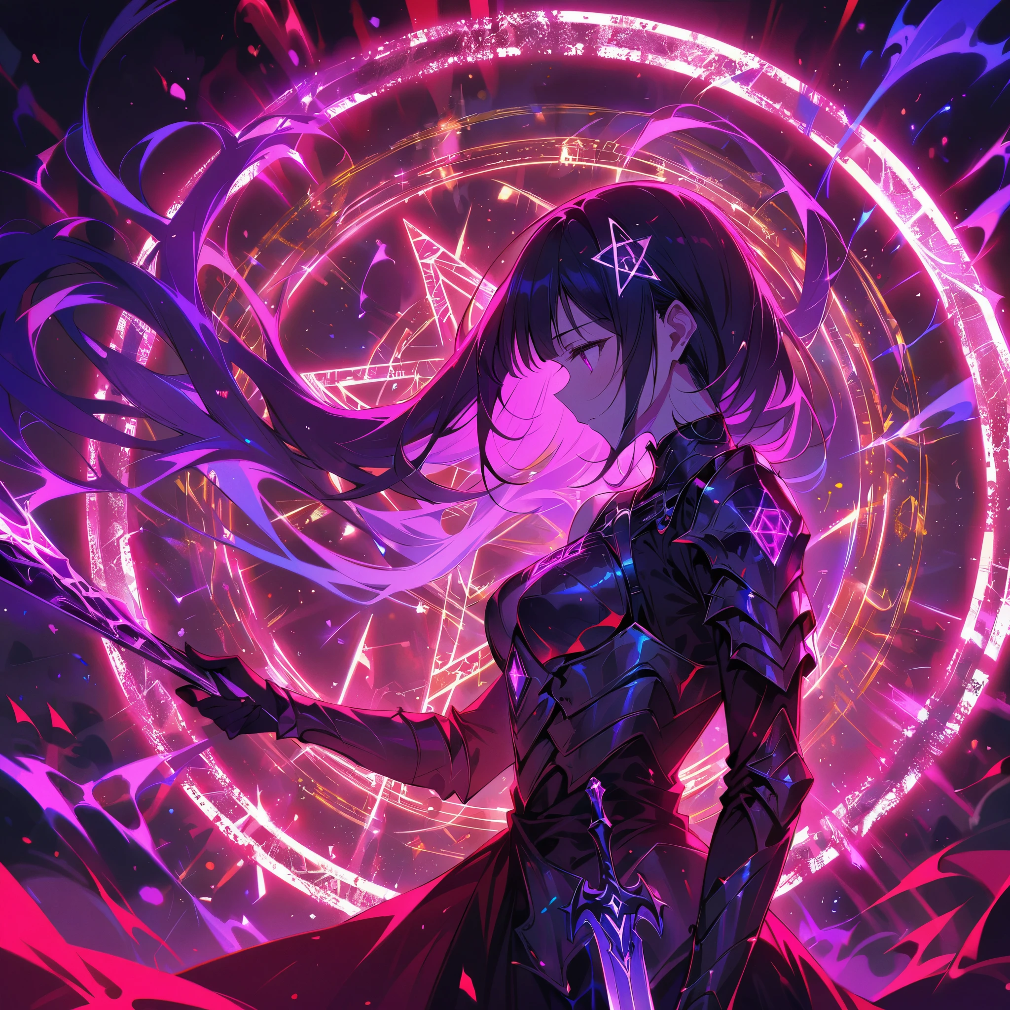 (best quality, masterpiece:1.2), ultra-detailed, a huge glowing sword, ancient glowing symbols on the blade, a girl wearing armor, Cuvry Pose,Dynamic Action,long flowing hair, silver armor, electric arc hexagram magic circle background, magical effects, detailed magic circle, detailed hexagram, intricate sword handle texture, thick breath mist, Surrealism, 4k, 8k, highres, best quality, highres, anatomically correct, textured skin,vivid color,red,white,blue,