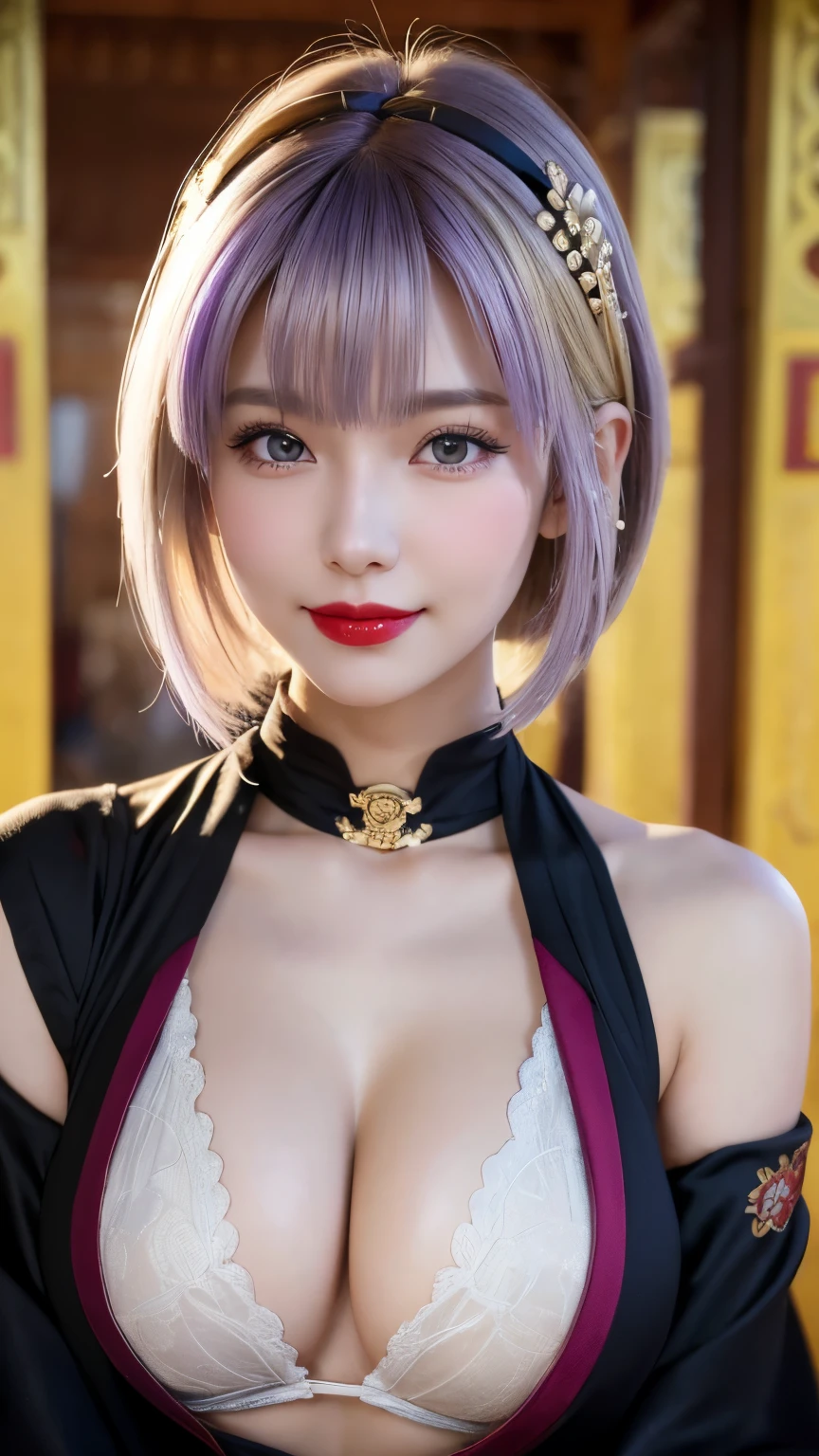 (Hyper Real), ancient shrine maiden, female shaman, giant beauty, safe, high resolution, real short hair, blonde, blonde woman, skin texture details, super high resolution, realistic, plump figure, smile, beautiful expression, small purple hair Airy long blonde hair, divine spirit, very delicate and detailed skin texture, (ancient luxury luxury temple), ancient priestess, big cleavage, plunging neckline, big red lips , (luxurious black costume and luxurious accessories)