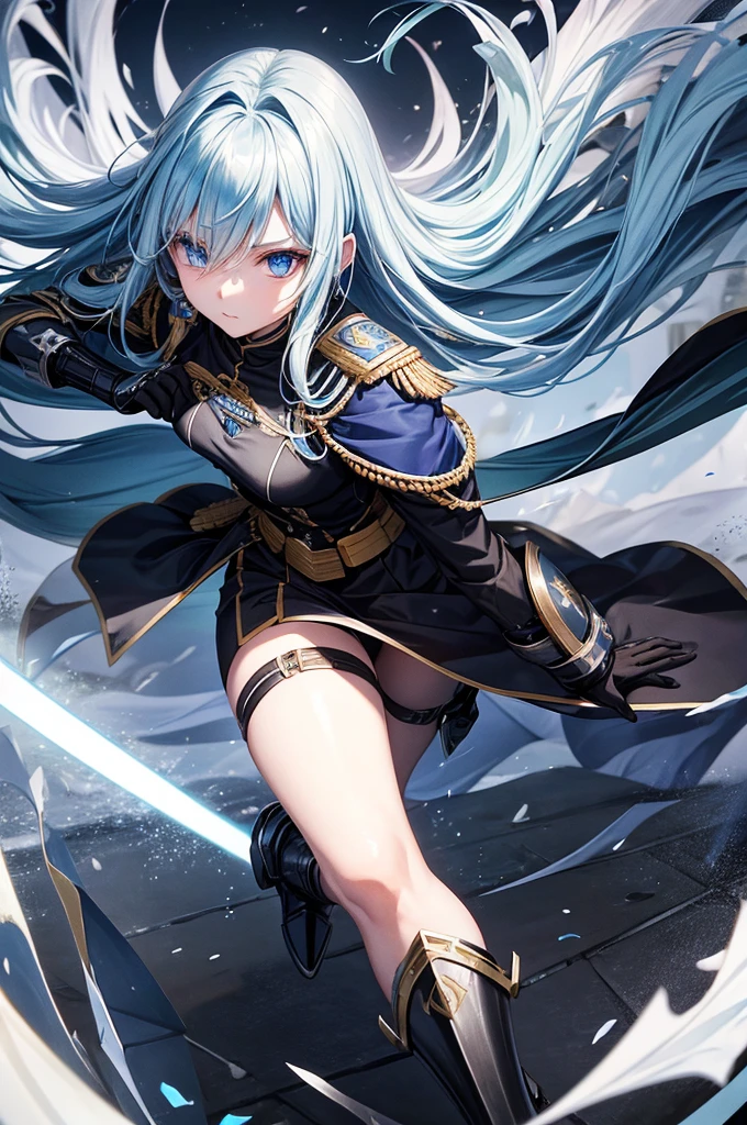 Chtholly had long sky-blue hair and blue eyes. In battle, she wears a black/navy blue Guardian Wings military uniform, as well as steel armor.