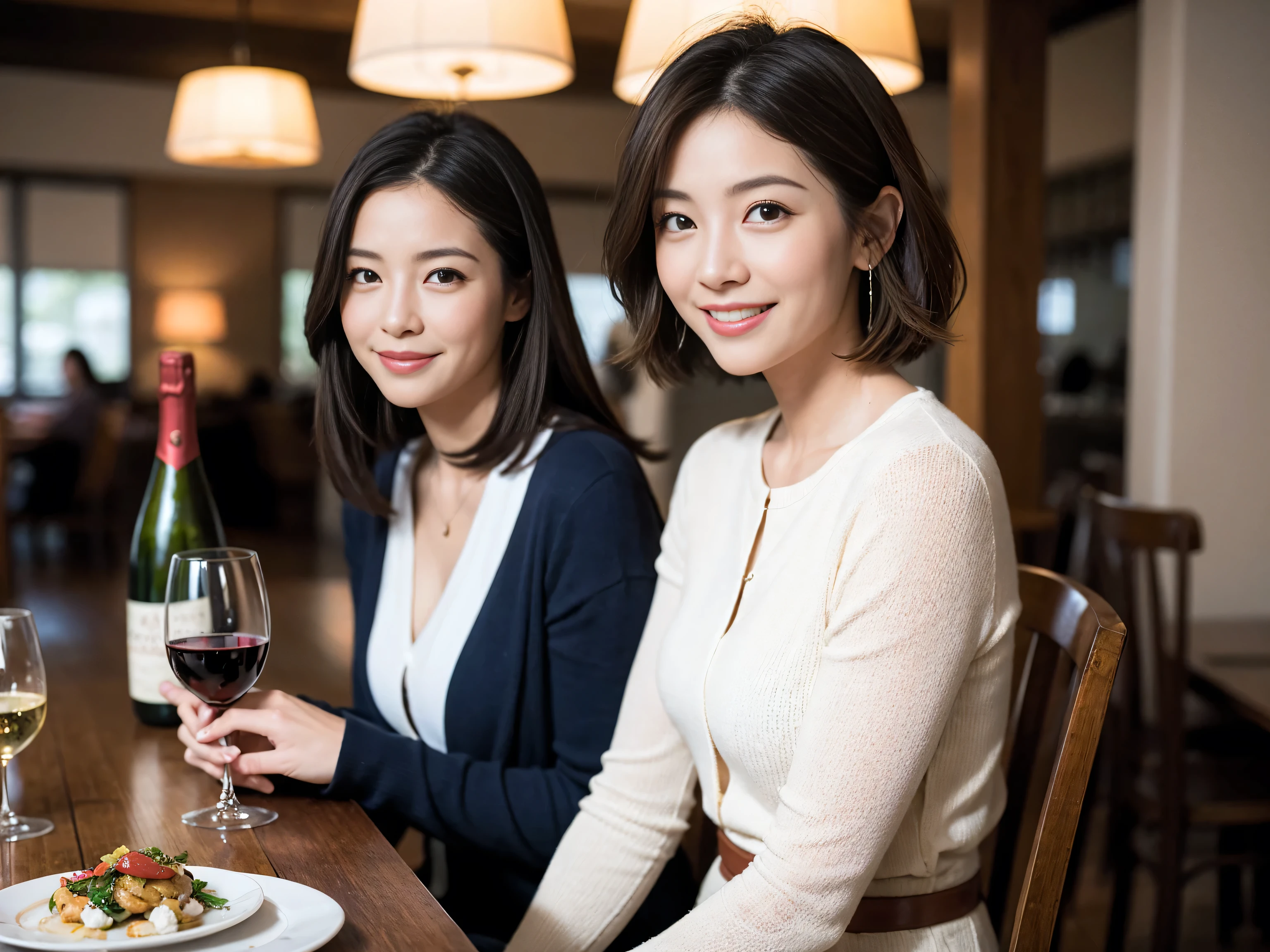 ((highest quality、8k、masterpiece:1.3))、1 male、1 woman who resembles Satomi Ishihara、Couple、Spouse、Couple、The body is slim、((Bob Hale、Straight hair:1.2)), (Realistic, Intricate details:1.2), Wine glass on the table、Put the light on your face、 Amazing view of the sunset sky and clouds、Amazing mountain views、A bright smile、The wonderfulness of smile、Bright image、The beauty of wine, Beautiful Face, blue eyes, The light shines on your face, Blushing, short hair,Bright Face、 (Age 37), 39 years old, red wine 、Appetizers、Italian food、Wine bottle、Champagne、sparkling wine、Two beauties、Brown Hair、Shortcuts、Long sleeve shirt、dress、Pretty Woman 1, (Slim face), (The body is slim), (Brown Hair), (Shortcuts), cheeks turn a little red,Attractive beauty、restaurant, In a prominent place (From the waist up) Nova Frog Style, actress, model, Upper Body, White wine, slim, wine glass, A wine glass placed in the center, smile, (smile: 1.15), Beautiful fine grain, Depth f/2,saturation, High Contrast, Strong light and shadow,Moist Body:1.5、3D texture、Delicate eyes、Brown Hair、The hair is very shiny、
