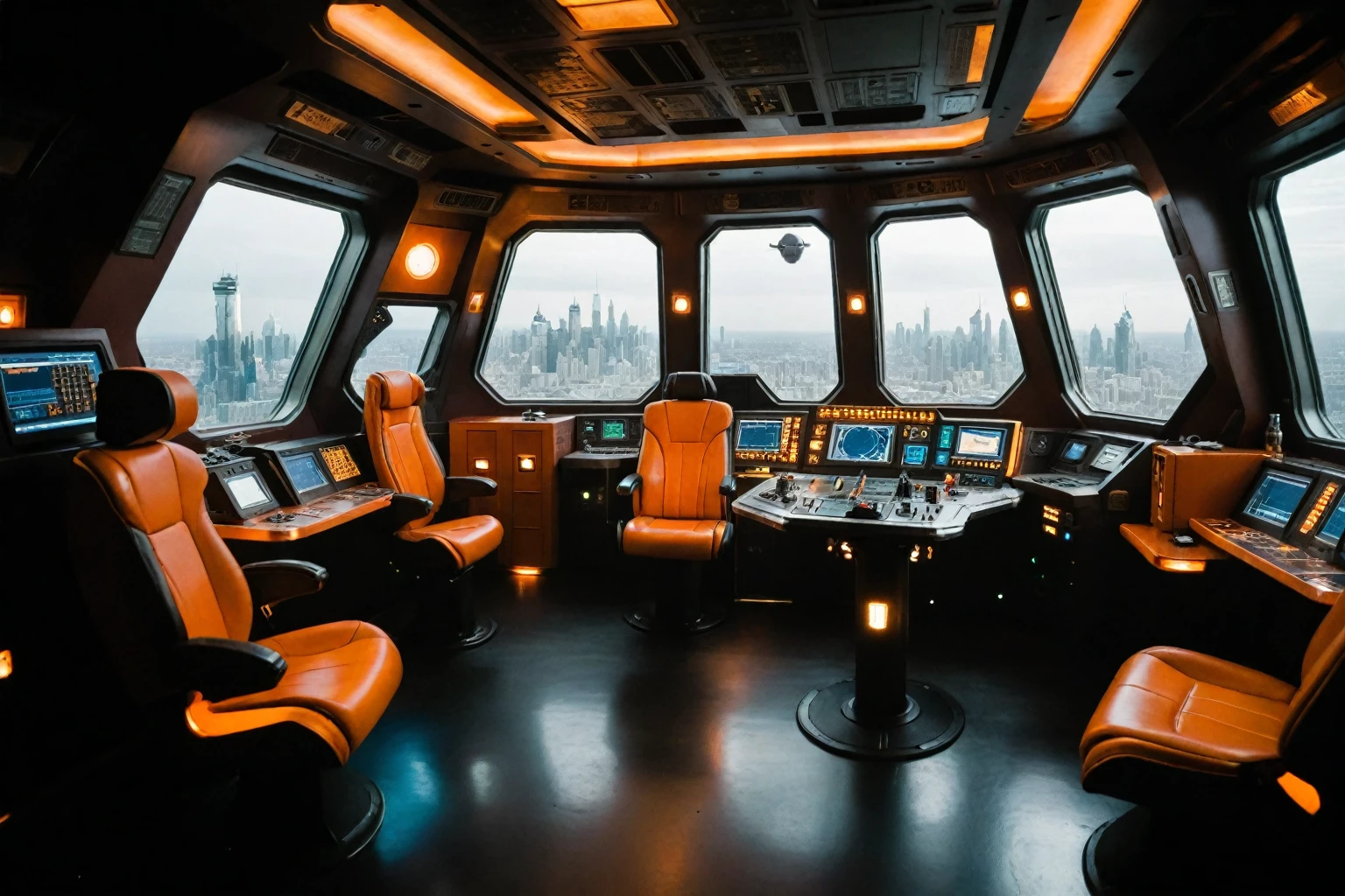 Inside Lexx's spaceship, a warm orange glow illuminates the dimly lit interior, reflecting the eclectic personalities of its crew. Captain Zev's rugged determination stands out amidst Xehran's flamboyant artistic flair. In the background, the sprawling cityscape of 6145: Kai Winn stretches beyond the windows, while the ship's engines hum in harmony with the eerie silence outside.