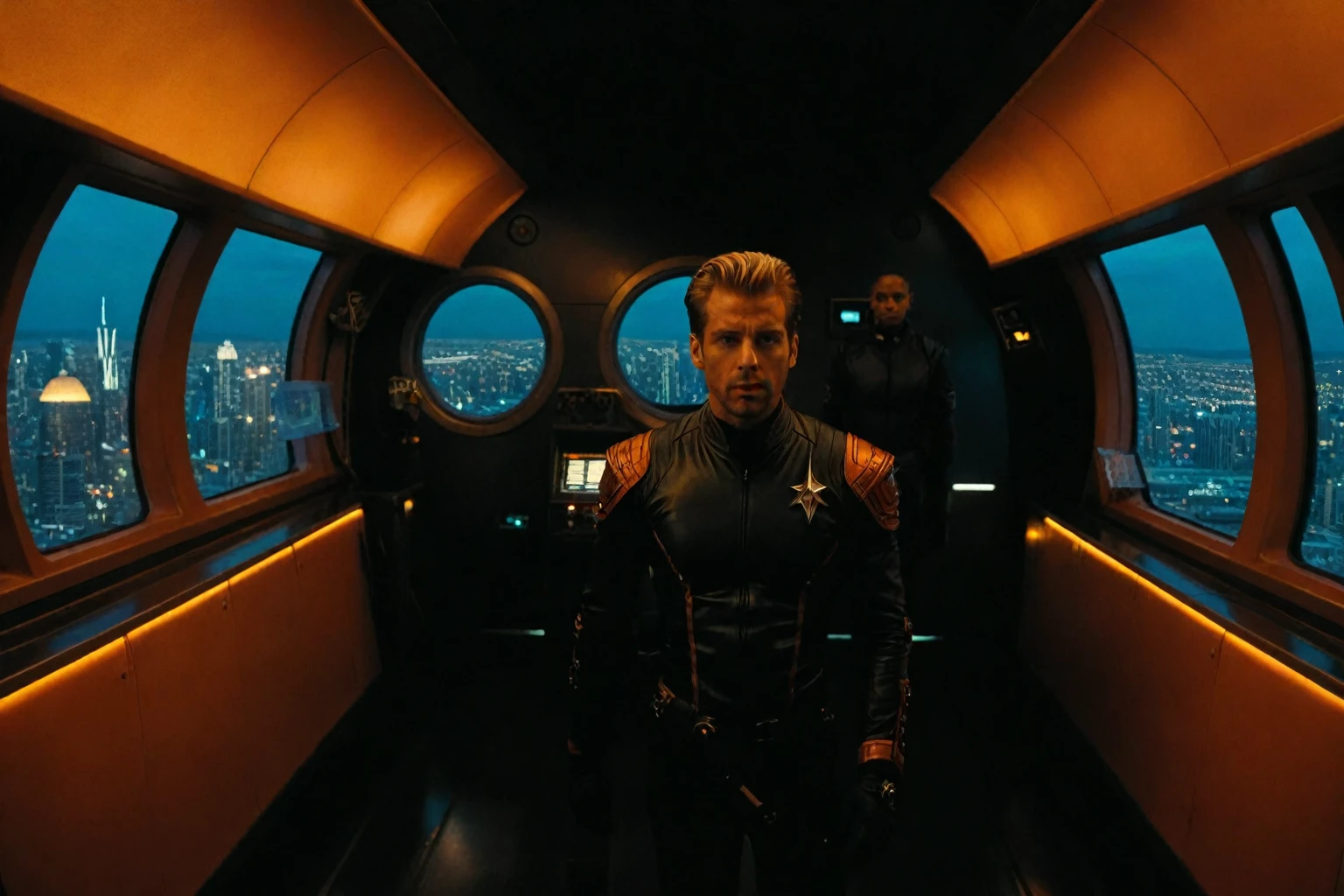 Inside Lexx's spaceship, a warm orange glow illuminates the dimly lit interior, reflecting the eclectic personalities of its crew. Captain Zev's rugged determination stands out amidst Xehran's flamboyant artistic flair. In the background, the sprawling cityscape of 6145: Kai Winn stretches beyond the windows, while the ship's engines hum in harmony with the eerie silence outside.