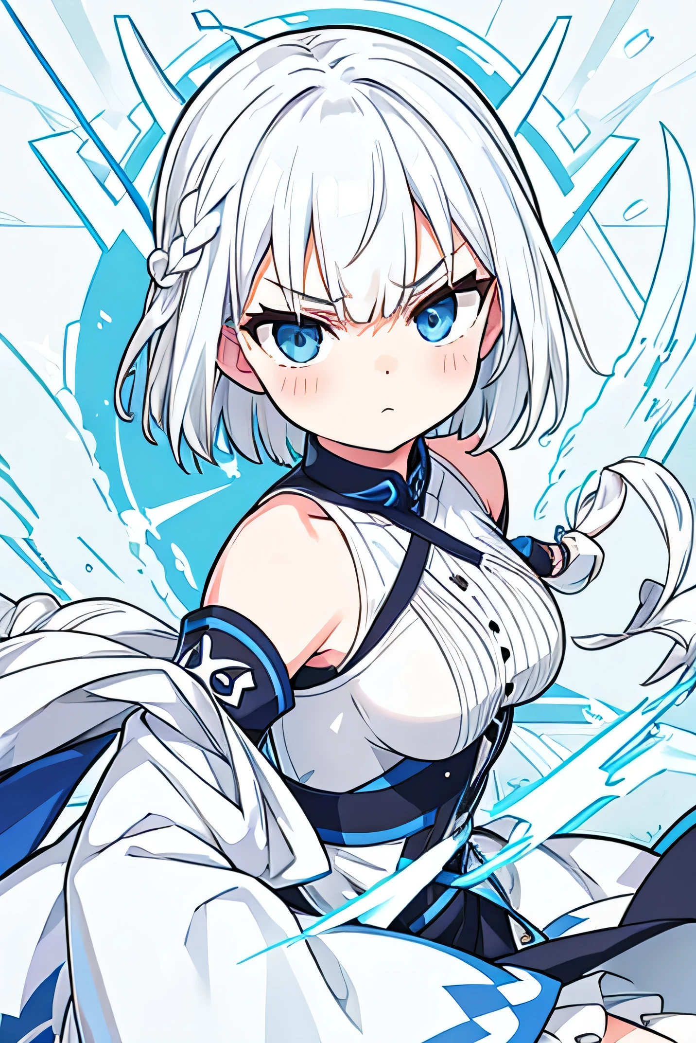 white hair, short hair, side braid, bangs, hair over shoulder, hair spread out, determined, angry, from side, close-up, 8k, super detail, best quality, fullbody