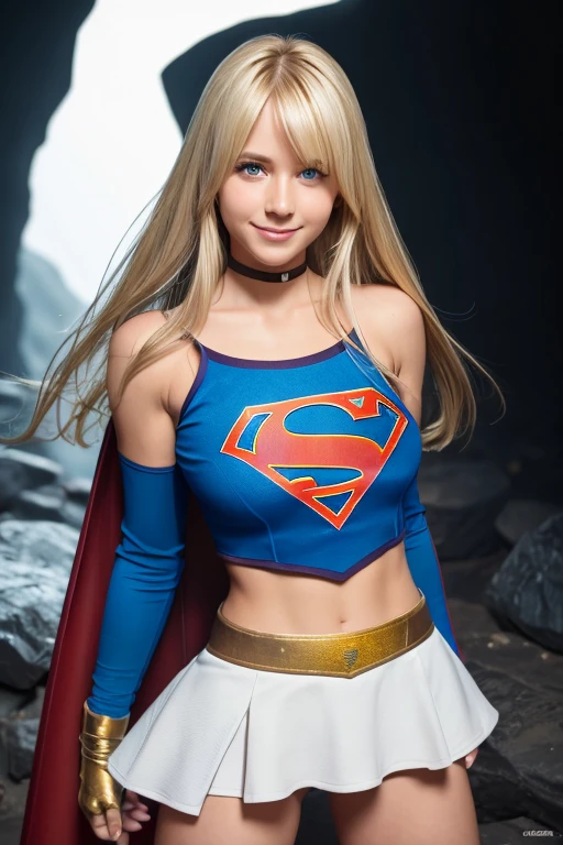 1 girl, blue eye, bare shoulders, chest, medium chest, blonde long hair, hair above one eye, bangs, gloves, smiling, No sleeve, alone, supergirl shirt, fingerless gloves, white supergirl shirt, No sleeve shirt, turn your arms behind your back, off shoulder, horn, smile, (masterpiece), (highest quality), (super detailed), In a dimly lit cave, blue flower,