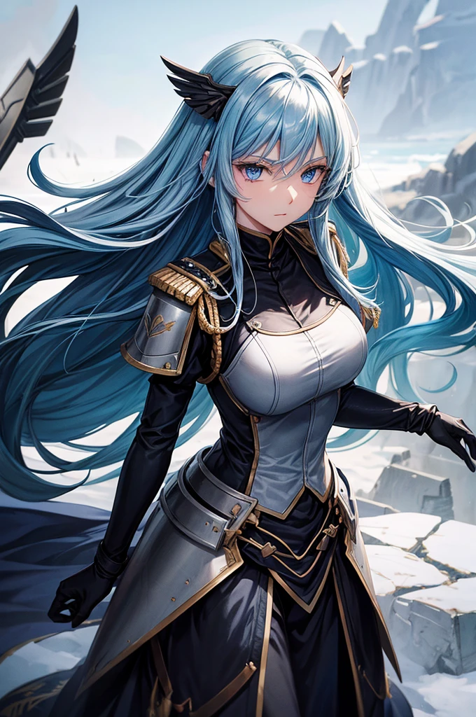 Chtholly had long sky-blue hair and blue eyes. In battle, she wears a black/navy blue Guardian Wings military uniform, as well as steel armor.