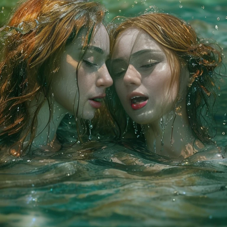 Two young women in the water, summer dress, expensive dress, long sleeves, closeup fantasy with water magic, beautiful maidens, lesbian, looking at each other, leaning in, touching, lips touching, wearing a dress made of water, lots of cleavage, breasts touching, realistic oil painting, dripping wet, in water up to her shoulders, beautiful realistic painting, nymph in the water, hyperrealist portrait in a river, hyperrealistic fantasy art, splashing, realistic fantasy painting, cute shot, narrow depth of field, 8k, nsfw, drenched, ((soaked)), dripping water, dripping oil, heavy clothes, soaked in oil, wet all over, rouge lipstick, wet dripping hair, transparent