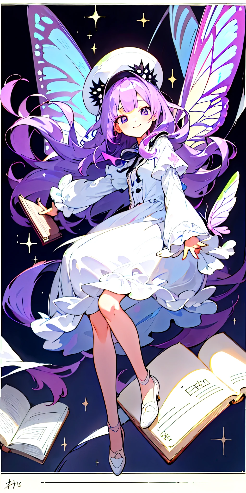 No background、Background white、High resolution、FHD、8k、high resolution、High chroma、Line art、anime、Retro、Antique、Coloring book、collage、girl、Light purple hair、Light blue and purple hair color、Long Hair、Curly long hair、Light color、one piece、Frills、Sparkle in the eyes、highlight、smile、cute、whole body、No cuts in sight、I can't see it、Refers to 5 books、Life-size、butterfly々、It has wings、紫陽flower、flower、No background、Background white、Background whiteい