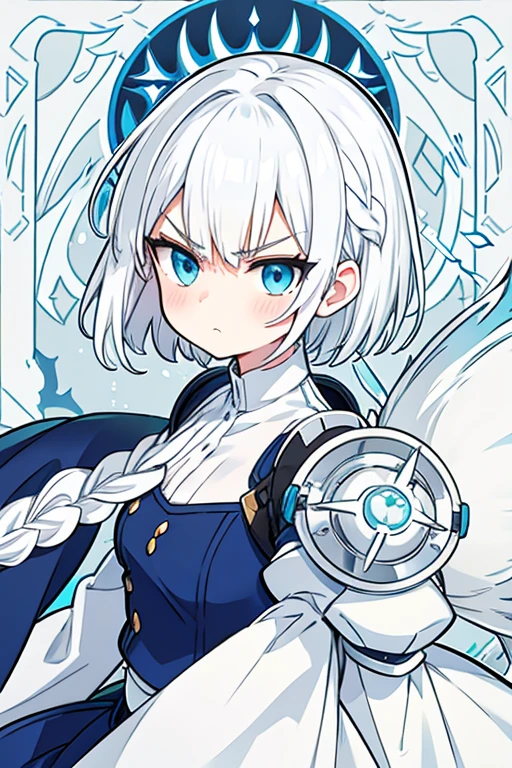 white hair, short hair, side braid, bangs, hair over shoulder, hair spread out, determined, angry, from side, close-up, 8k, super detail, best quality, fullbody