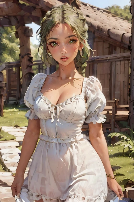 (masterpiece, best quality), 1 Girl, Moss Green Double French Braid, (((Large Breasts、Breast sagging、Low-cut,Cleavage ,Wide hips,)))((Long legs)),Hourglass figure)), milkmaid