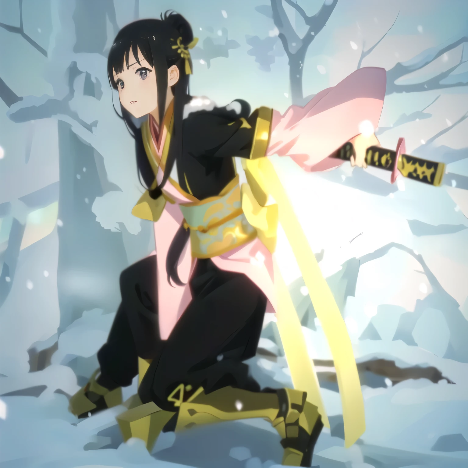 Super detailed, high quality,anime girl in a pink outfit sitting on a snow covered ground, 14years old,Black hair, Hime cut, eyes closed,full body wuxia,injury, painful expression,dramatic wielding katana pose, sao style anime, wielding a keris sword,wielding a katana, injury,many blood,8k,nsfw