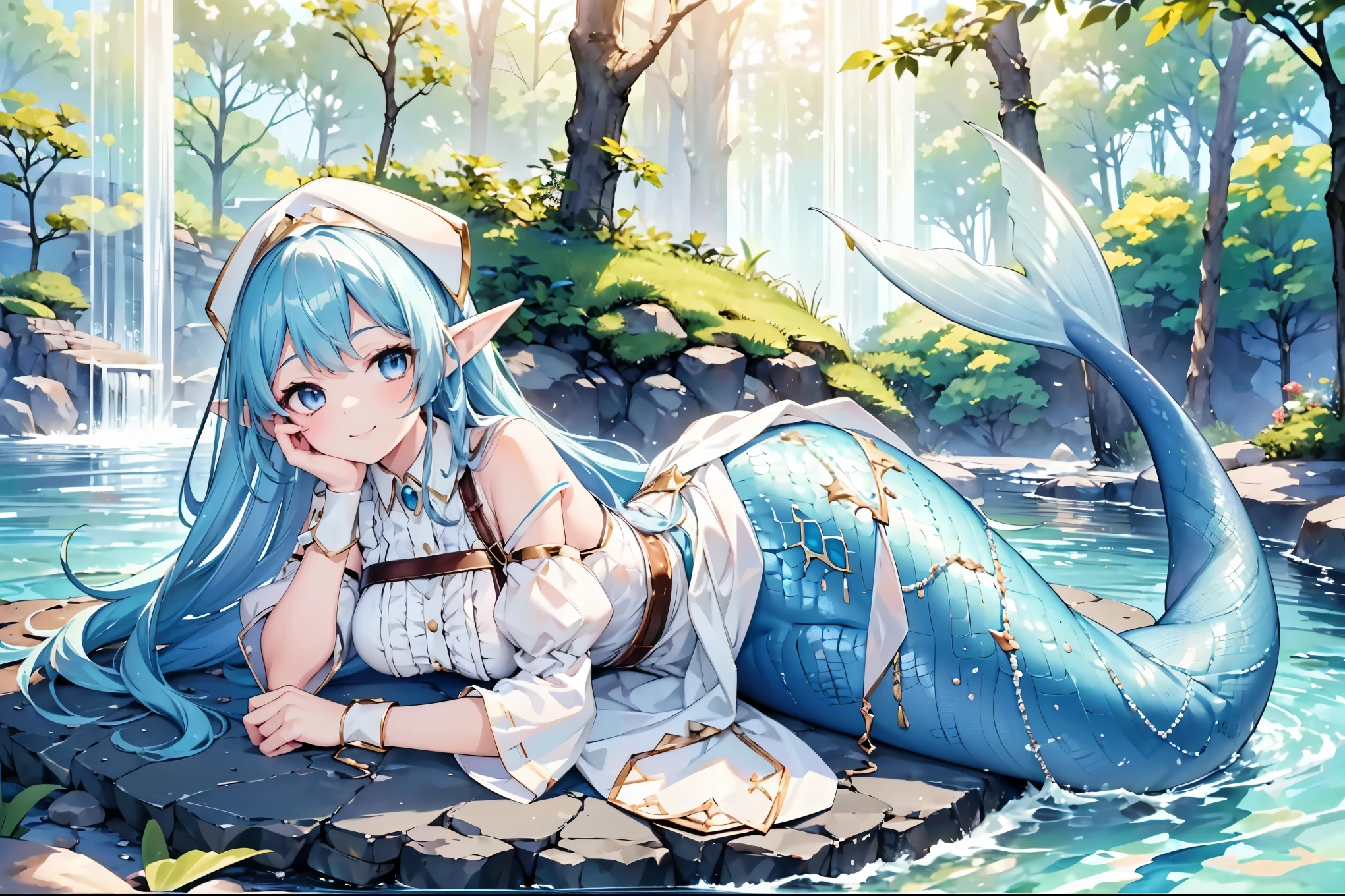 masterpiece, best quality,A girl,enchantress, blue hair, blue eyes, elf ears,white dress,solo,Large Breasts,Mermaid,蓝色的Mermaid尾巴,full-body shot,charming face(Kawaii, charming,Soft),lying in a pond,forest,Looking at the audience,Smile