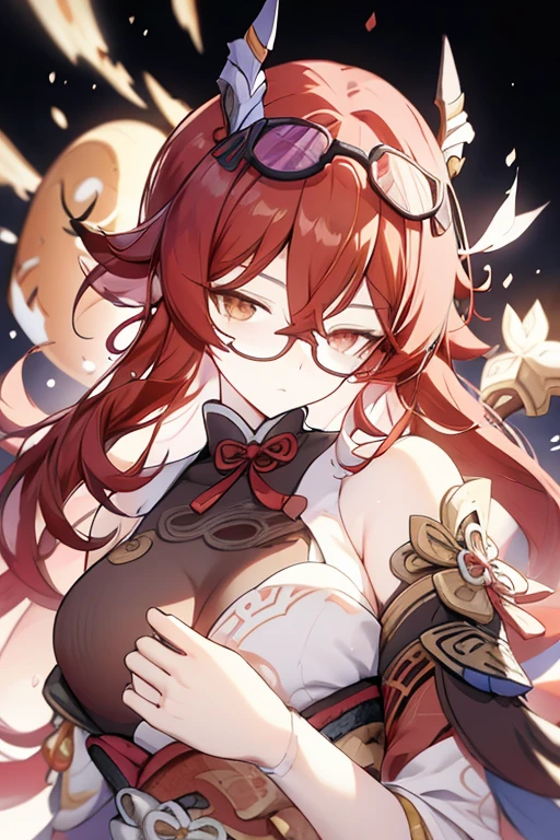 A anime girl character with red hair, shorts hair, Stoic face, brown eyes, black glasses, dress, Accessories, onmyoji detailed art, by Yang J, onmyoji, Eula from genshin impact, Signora from genshin impact, Arlecchino from genshin impact, Bayonetta, onmyoji portrait, official splash art, splash art