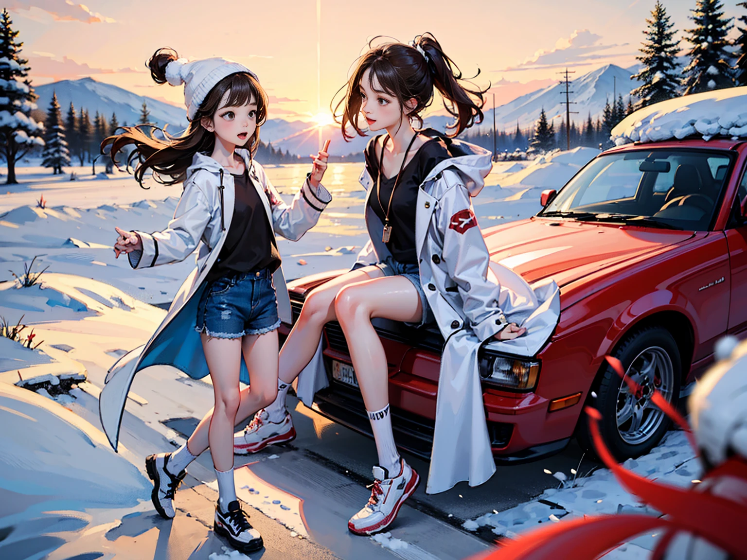A 15-year-old girl picks up a 7-year-old girl in white knee socks,fair,Long brown hair,Very thin,small thin legs,Snow,White coat,shorts,Bare legs,The legs are very thin,energetic,whole body,White socks