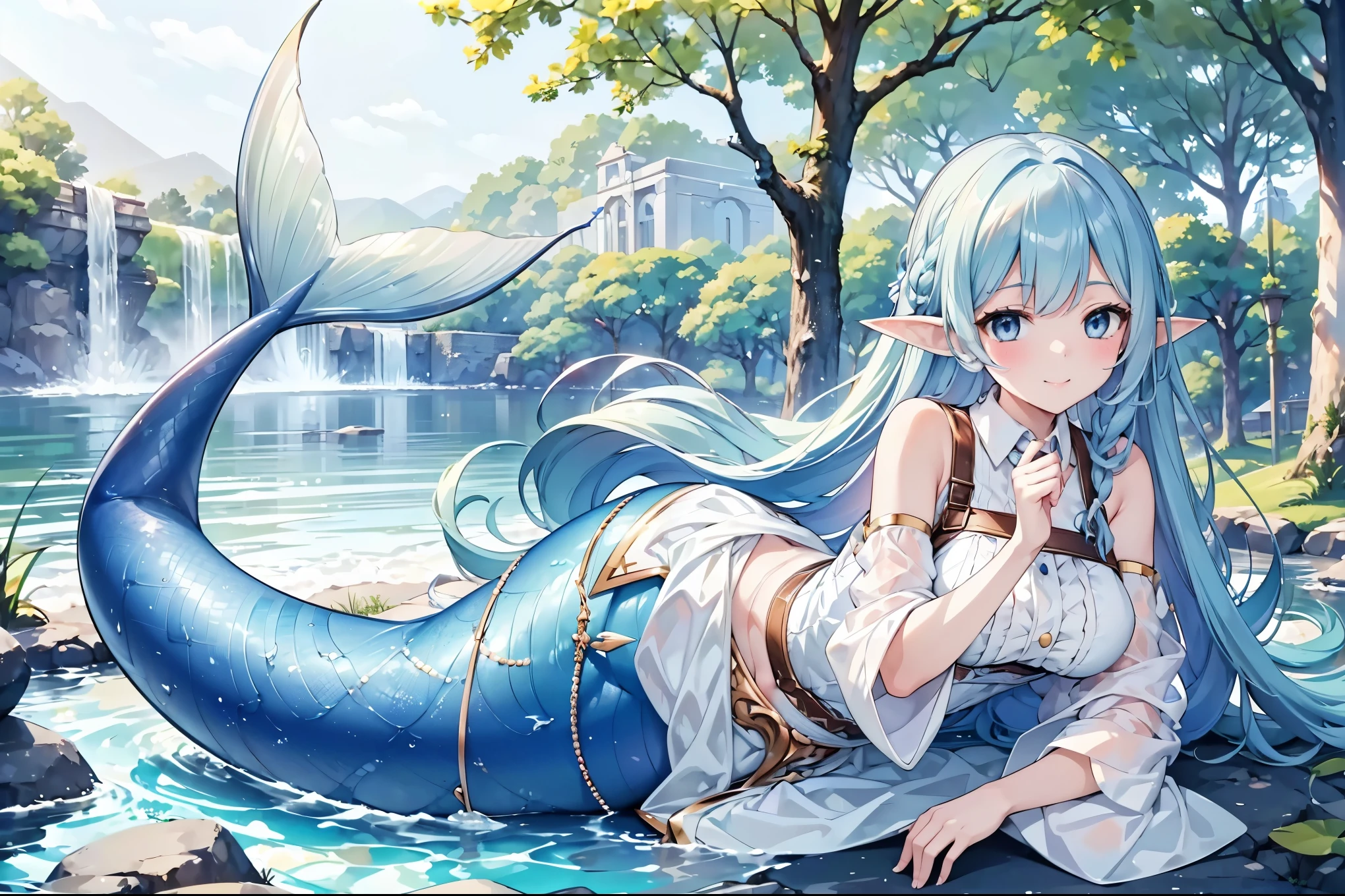 masterpiece, best quality,A girl,enchantress, blue hair, blue eyes, elf ears,white dress,solo,Large Breasts,Mermaid,蓝色的Mermaid尾巴,full-body shot,charming face(Kawaii, charming,Soft),lying in a pond,forest,Looking at the audience,Smile