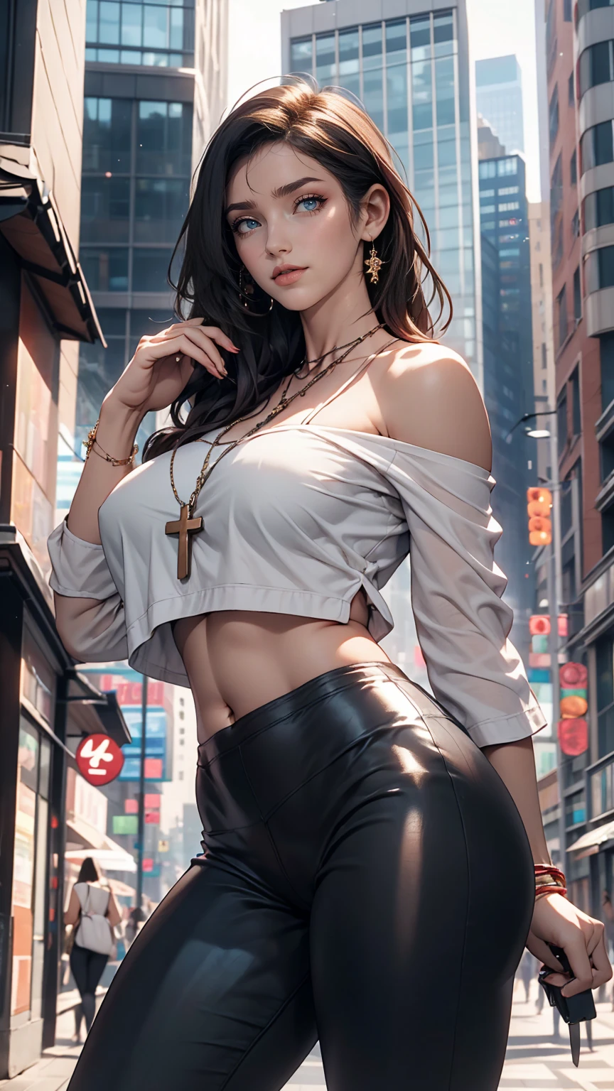 24-year-old woman、Sexy proportions、Wear off-the-shoulder tops、I can see my belly button、Wear low rise leggings、Skyscraper Background、smile、Cross one&#39;s arms、Carry a handbag over one&#39;s shoulder、sexy