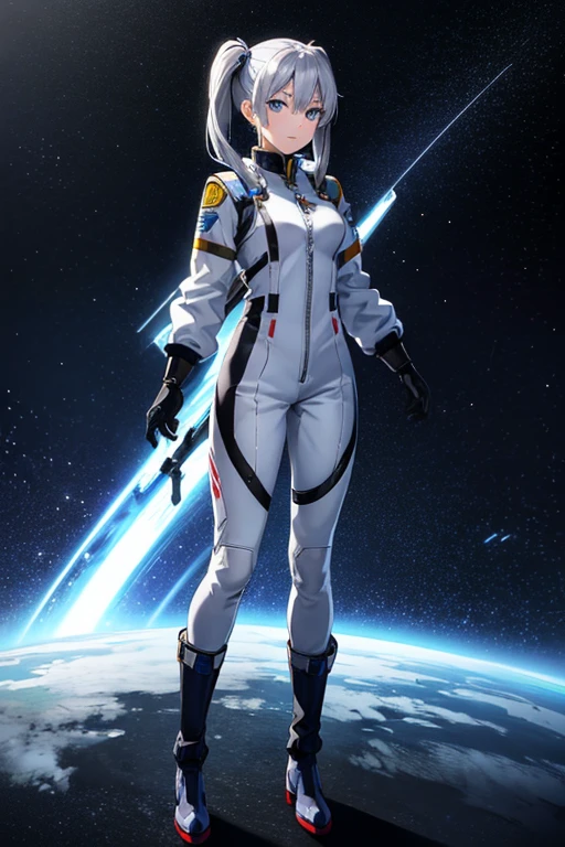 Anime drawings、Full body portrait、Space SF soldiers、Back view、A female pilot, about 175cm tall and about 27 years old, wearing a silver jumpsuit, turns around.、Smiling with mouth closed、The hairstyle is medium twin tails、Silver Hair、gloves、Blue Eyes、boots