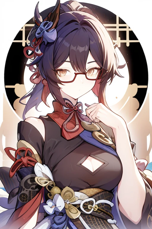 Un personaje de chica anime con cabello rojo., pelo corto, cara estoica, Brown eyes, gafas negras, vestido, Accesorios, arte detallado de onmyoji, por Yang J., onmyoji, eula del impacto genshin, Signora del impacto genshin, arlequino de genshin impact, bayoneta, retrato onmyoji, official arte salpicado, arte salpicado