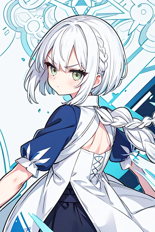 white hair, short hair, side braid, bangs, hair over shoulder, hair spread out, determined, angry, from side, from behind, 8k, super detail, best quality