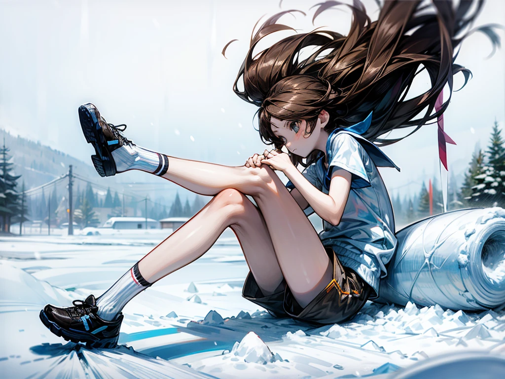 A 15-year-old girl picks up a 7-year-old girl,fair,Long brown hair,Very thin,small thin legs,Snow,shorts,Bare legs,The legs are very thin,energetic,whole body,White socks