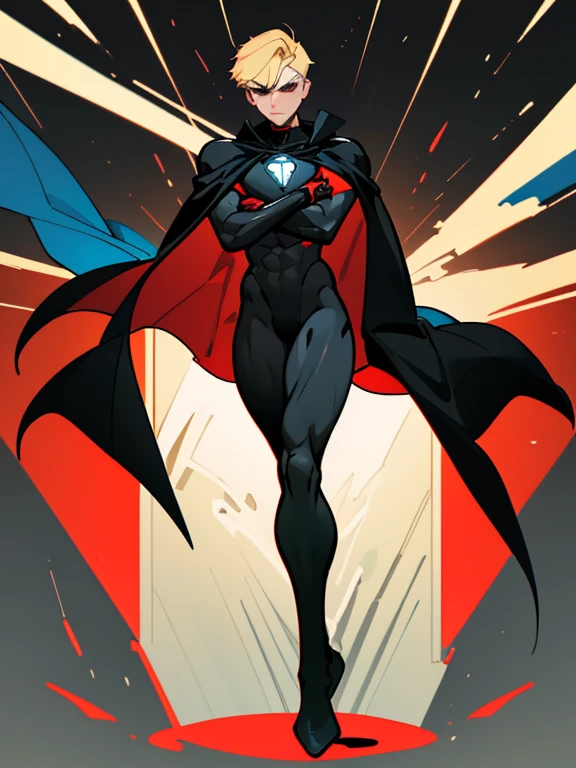 22 year old masculine man with short blonde hair black eyes, Muscular ectomorph body dressed in a black full-body superhero suit with a red emblem on the chest and a blue cape posing with arms crossed