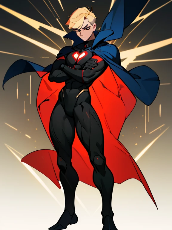 22 year old masculine man with short blonde hair black eyes, Muscular ectomorph body dressed in a black full-body superhero suit with a red emblem on the chest and a blue cape posing with arms crossed