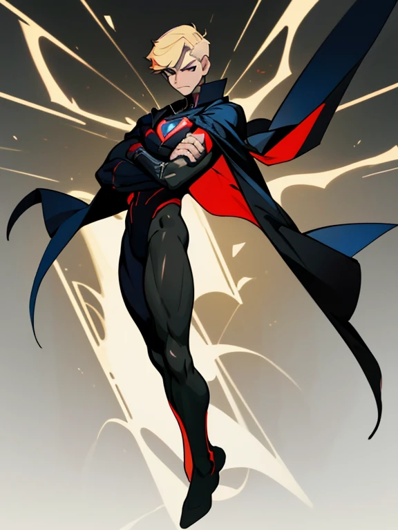 22 year old masculine man with short blonde hair black eyes, Muscular ectomorph body dressed in a black full-body superhero suit with a red emblem on the chest and a blue cape posing with arms crossed