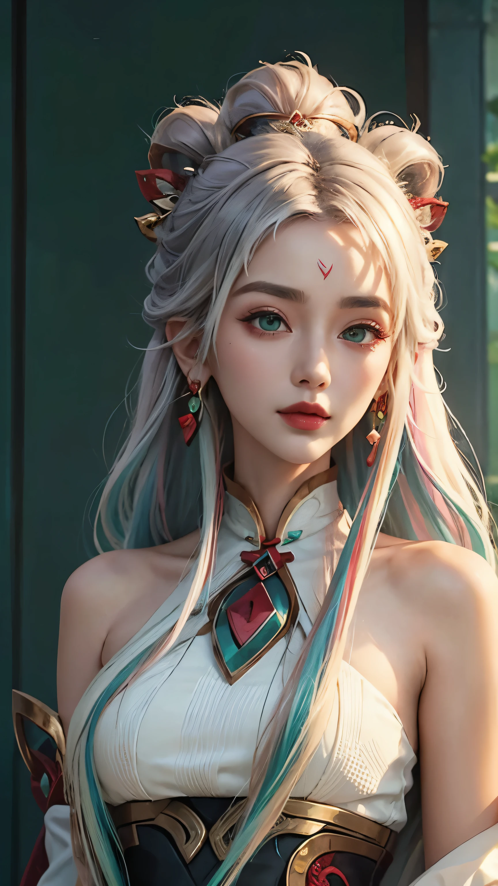 (masterpiece, best quality:1.2), intricate details, mythmaker irelia, 1girl, hair ornament, hair rings, bare shoulders, dress, detached sleeves, forehead mark, multicolored hair, white hair, earrings, green eyes, textured skin, looking at viewer, solo, light smile, (mature female:1.2),sexy pose